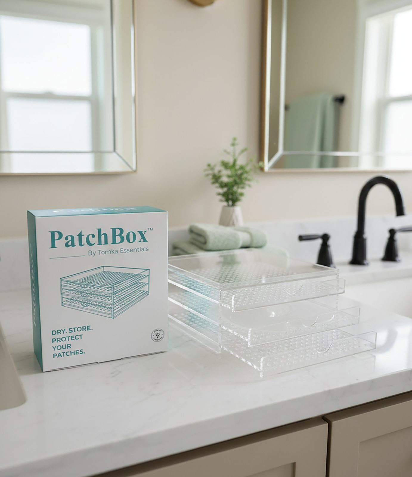 Close-up of a flat, ventilated PatchBox drawer used for reusable silicone wrinkle-patch storage